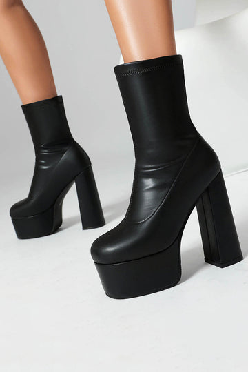 Black Round Toe Platform Chunky Heel Ankle Boots